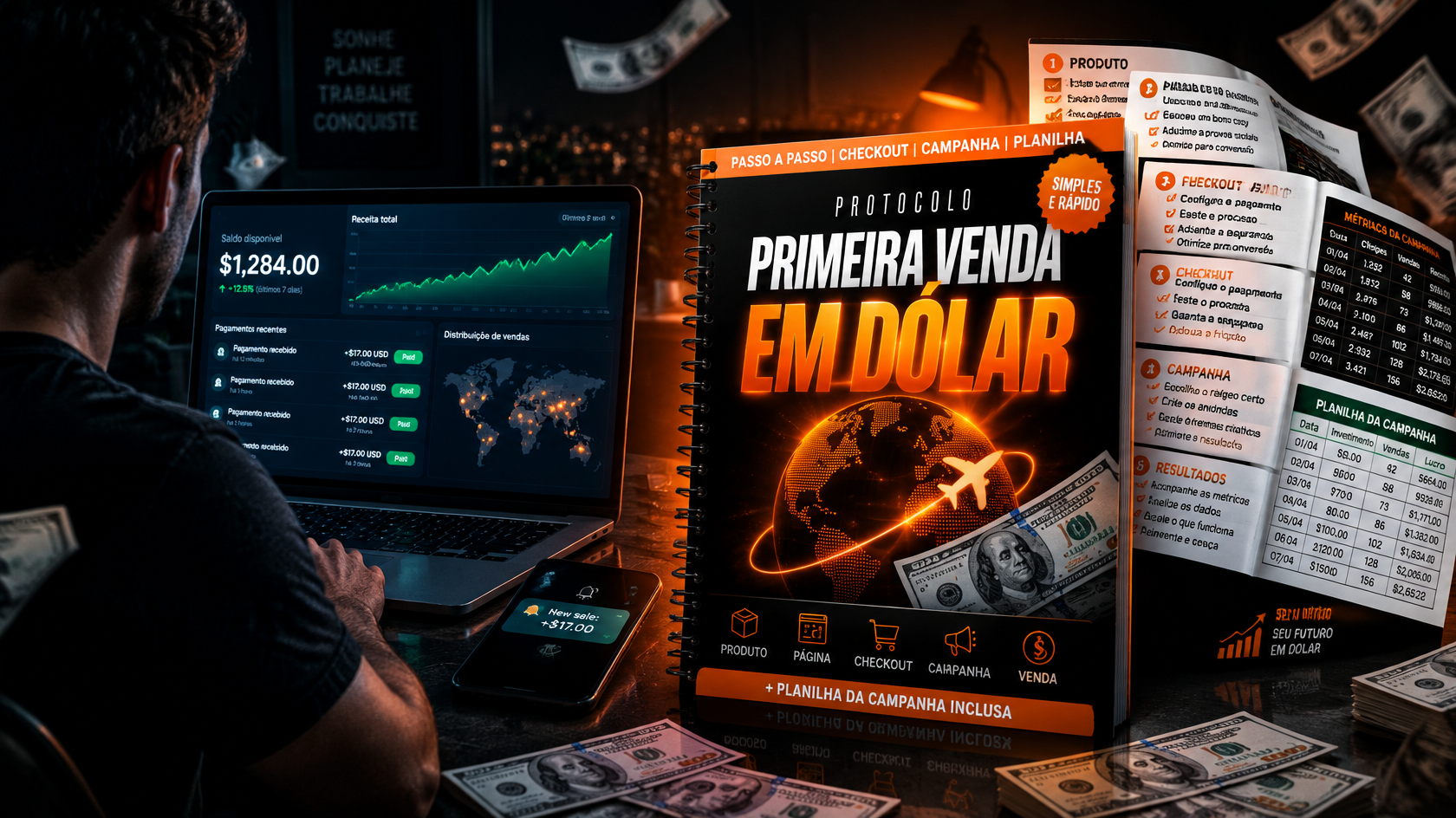 Painel de pagamentos em dólar no notebook, ao lado do protocolo